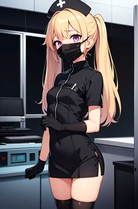 black nurse, 1girl, solo, black nurse cap, black nurse uniform, ((black legwear, zettai ryouiki)), black elbow gloves, twintails...