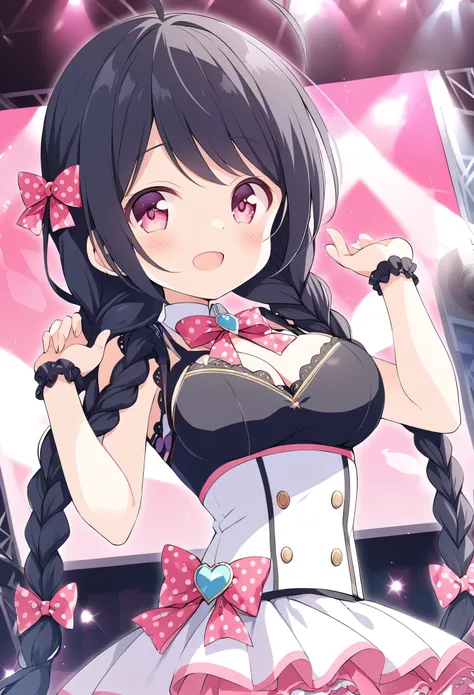 SHIRASETSUZURI, BLACK HAIR, AHOGE, HAIR BOW, PINK BOW, POLKA DOT BOW, TWIN BRAIDS, PINK EYES,, large breasts, live stage, solo,