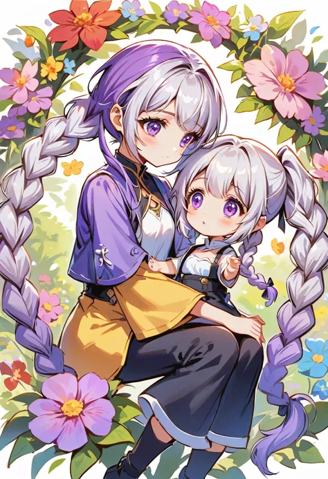 In the center of the flower, there sits a little child! looked at each other, How small and lovely a girl is! yinji, purple hair, purple eyes, long hair, white hair, double braids, gradient hair, 