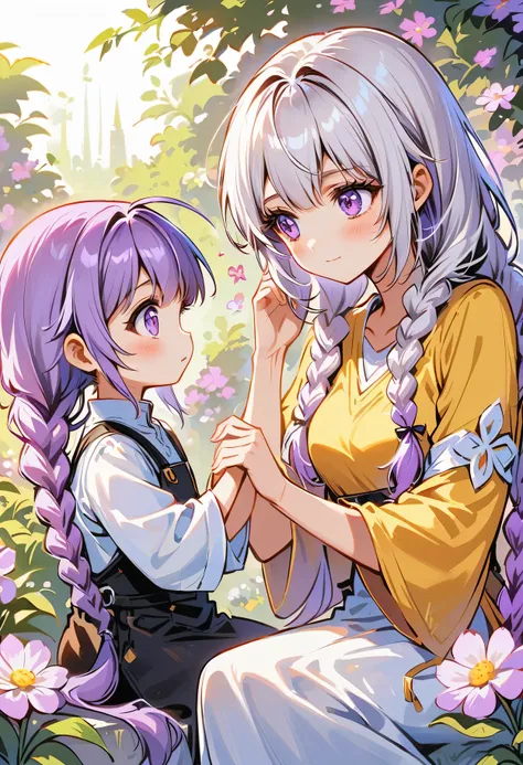 In the center of the flower, there sits a little child! looked at each other, How small and lovely a girl is! yinji, purple hair, purple eyes, long hair, white hair, double braids, gradient hair, 