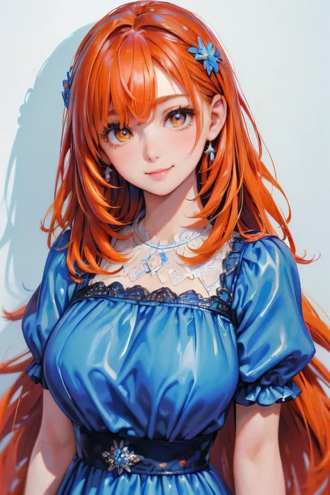 (Best Quality, 8K, Oil Painting, masutepiece:1.2), Ultra-detailed, (Realistic, Photorealistic:1.37), (((bustshot)))、(((bright orange hair)))、(((Wearing a gorgeous blue dress)))、(((upperbody shot)))、(((wearing a blue dress)))、(((２０Women of a certain age)))、...