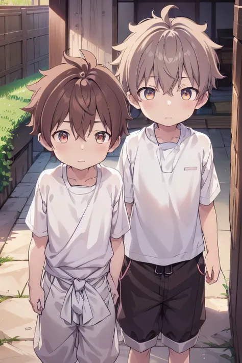 2boys, aoi, masterpiece, ultra detail, male focus, soccer shirt, adorable captivating, light brown hair , red eyes , white albin...