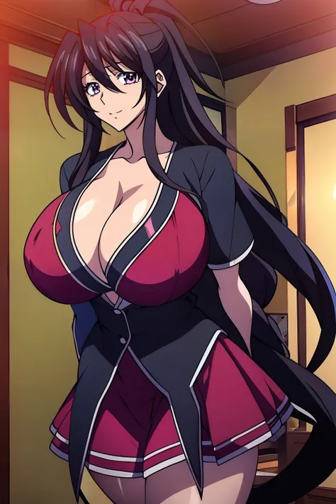 An anime-style artwork depicting akeno himejima from the anime from the anime High School DxD

Tags: akeno himejima from the anime High School DxD,  , (minidress:1.1), (black hair:1.1), purple eyes, looking at viewer,  long hair , anime, detailed eyes, det...