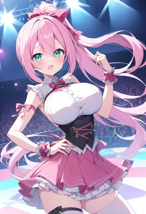 porom, pink hair, poneytail, AQUA eyes,, large breasts, live stage, solo