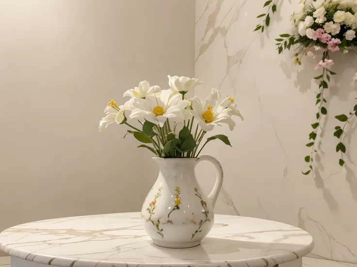 a white marble table in front with a close up view, mesa quadrada, mesa quadrada com jarro de flores ao fundo ultra realista, com fundo uma parede branca e um jarro com flores vermelhas e roxas