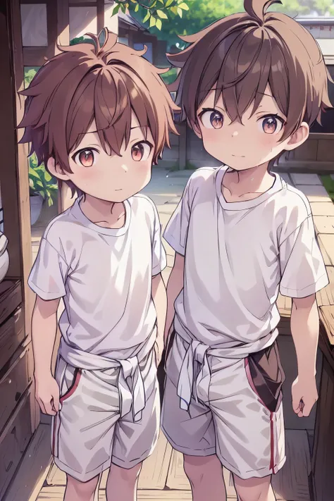 2boys, aoi, masterpiece, ultra detail, male focus, soccer shirt, adorable captivating, light brown hair , red eyes , white albin...