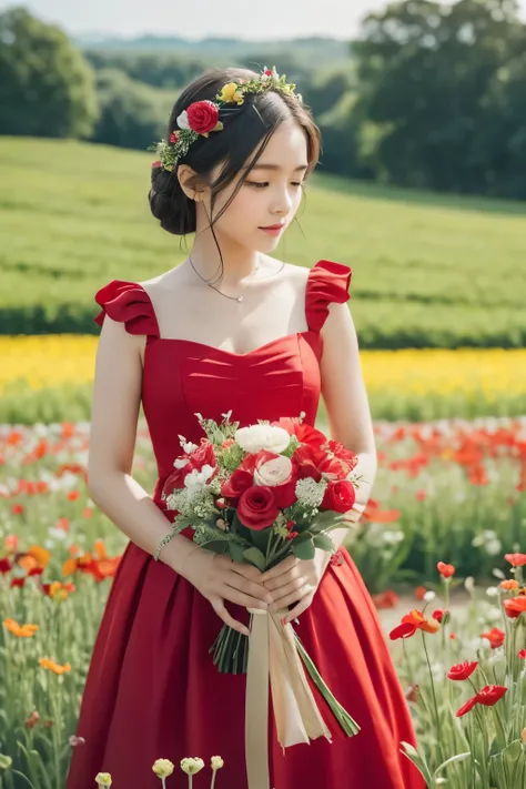 There is a  wearing a red and white dress and holding a bouquet of flowers., Girl in Flowers, Flower picking, Holding flowers, Picking flowers, Girl standing in a flower field, Girl standing in a flower field, Put a flower on the heir&#39;s cheek, Girl in ...