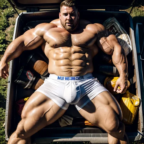 
full body view, an incredibly huge over-muscular excessively massively bodybuilded white blond guy with undercut haircut, white lycra shorts, in white sweaty socks, no shoes, so incredibly heavy gigantic monstruous crotch bulge , and over-inflated pecs ar...