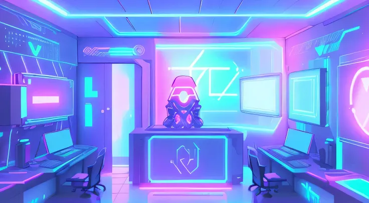 hacker, vtuber room. neon lights, futuristic,