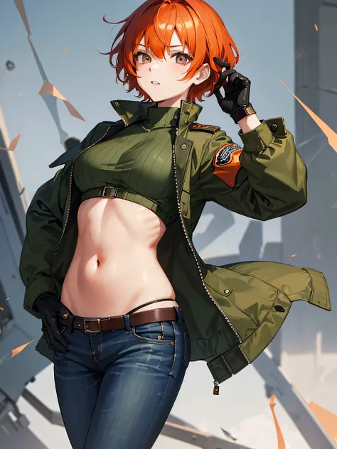 a young woman with short orange hair with red streaks and grey eyes wearing military green jacket with bellyless and also wearing jeans and gloves