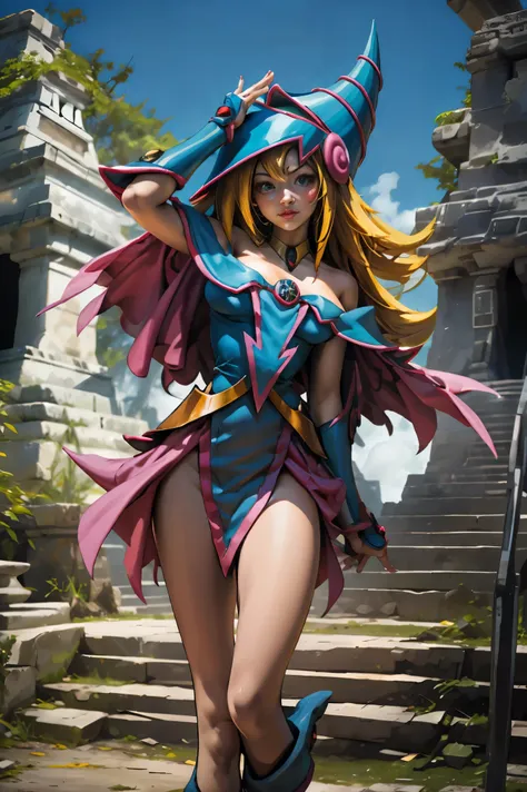 hermosa dark magician gils. ella esta en la jungla maya. en medio de las ruinas mayas de tikal.