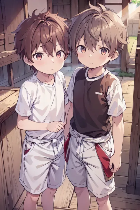 2boys, aoi, masterpiece, ultra detail, male focus, soccer shirt, adorable captivating, light brown hair , red eyes , white albin...