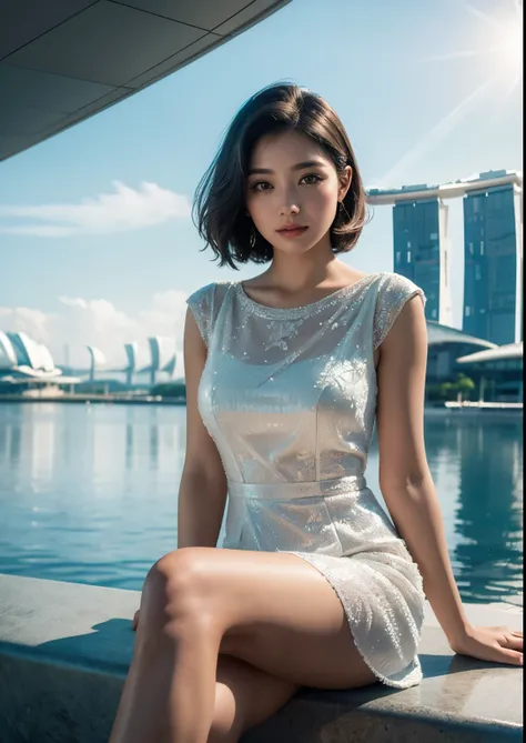 1girl, sitting in front of Marina Bay Sands Hotel, Singapore, beautiful detailed eyes, beautiful detailed lips, extremely detailed face, long eyelashes, cute, sweet, above knee length dress, sunlight, cinematic lighting, vibrant colors, highly detailed, ph...