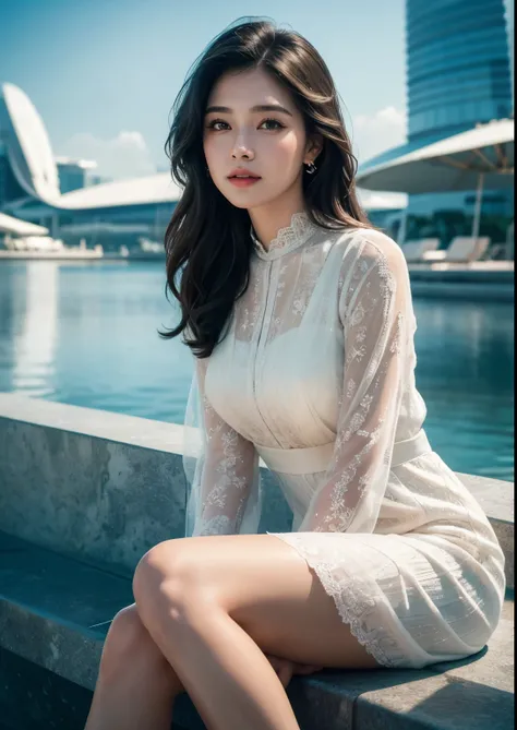 1girl, sitting in front of Marina Bay Sands Hotel, Singapore, beautiful detailed eyes, beautiful detailed lips, extremely detailed face, long eyelashes, cute, sweet, above knee length dress, sunlight, cinematic lighting, vibrant colors, highly detailed, ph...