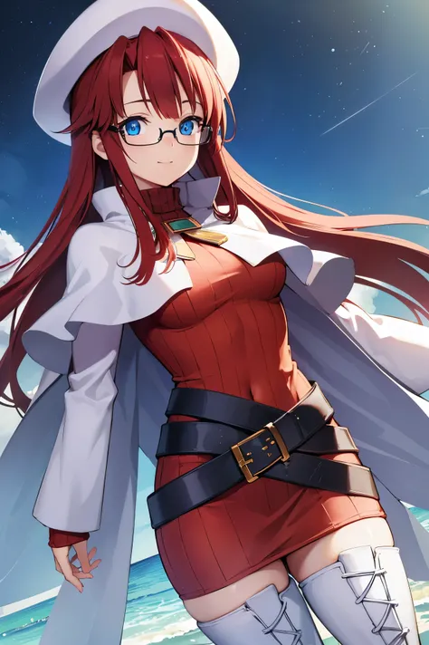 summonnightaty, aty, (young:1.3),long hair, blue eyes, red hair, large_beret, hat, glasses,
BREAK long hair, thighhighs, hat, dress, boots, glasses, belt, cape, sweater, zettai ryouiki, beret, thigh boots, white footwear, ribbed sweater, loose belt,solo,
B...