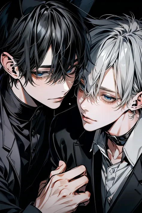 (Mastepiece), (Bestクォリティ), Very detailed, ((Two Men:1.5)), Perfect Face, Beautiful Face, Very detailedな顔,(Black-haired man:1.3),(Grey-haired man:1.3)、Bunny ears、shirt、Best