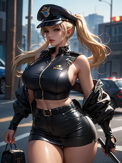 masterpiece, best quality, hyper detailed, good anatomy, perfect anatomy,cowboy shot,looking back,low angle,dark skin girl,plump body,naughty eyes,curly_twin tails blonde hair, female police officers blue uniform,police_cap,mini skirt,large breasts,road,sh...