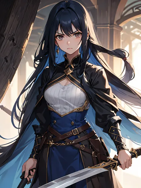 a young woman with long dark blue hair and brown eyes with a serious looking face and wield a greatsword