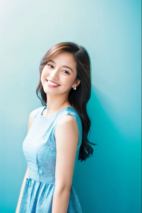 arafed woman leaning against a wall with a smile on her face, in front of white back drop, photoshoot portrait, portrait photo of a backdrop, light blue dress portrait, mid shot portrait, pokimane, taken with canon eos 5 d mark iv, a young asian woman, hea...