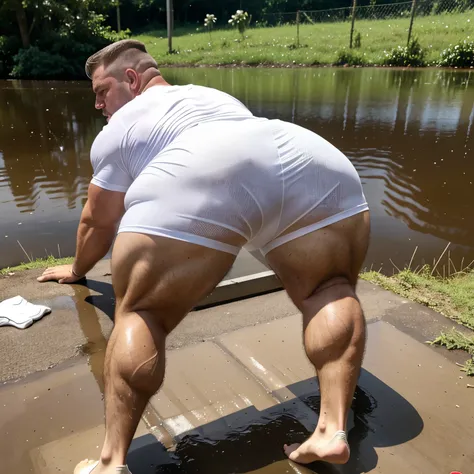 full body view from back, a huge over-muscular excessively bodybuilded white blond guy with undercut haircut, white lycra shorts, in hiswhite sweaty socks, with no shoes, heavy monstruous crotch bulge , crying, terrified, wet of sweat, lying sprawled out i...