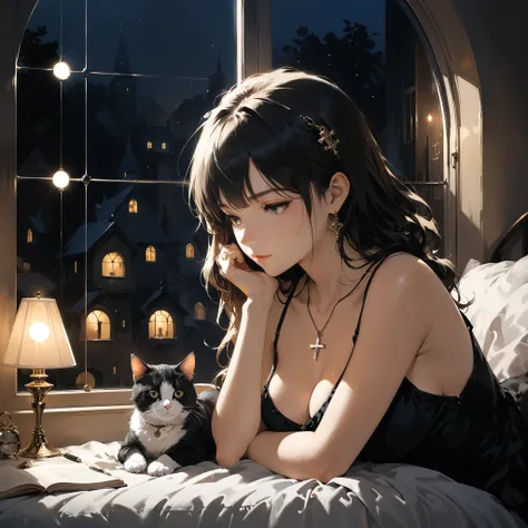 in style of Ashley Wood,
(head leaning:1.3),1girl,cat,front view,Fountain Pen stroke style,round windows,bed,romantic mood lighting,pendant,cat between cleavage,sit cross-legged on the bed,upper_body,close-up,