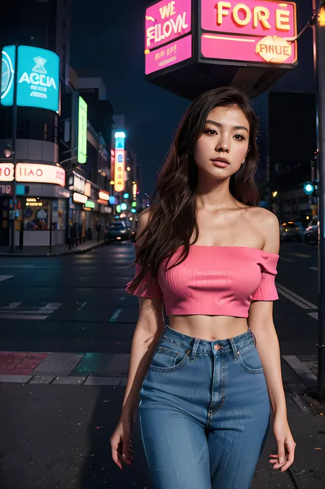 Generate a captivating image featuring a Japanese woman in the foreground against a futuristic cityscape. The woman, with mid-length wavy brown hair, captivating eyes, and detailed lips, exudes a serene presence. Dressed in chic 80s fashion—a colorful off-...