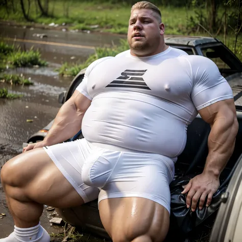 full body view, a huge over-muscular excessively bodybuilded white blond guy with undercut haircut, white lycra shorts, in his white sweaty socks, no shoes, his incredibly heavy monstruous crotch bulge swells the white lycra disproportionately, and over-in...