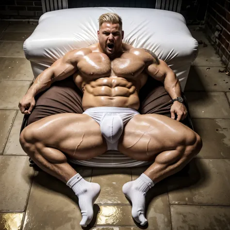 full body view, a huge over-muscular excessively bodybuilded white blond guy with undercut haircut, white lycra shorts, in his white sweaty socks, no shoes, his incredibly heavy monstruous crotch bulge swells the white lycra disproportionately, and over-in...