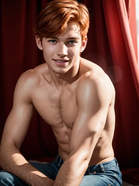 (1boy, photorealistic:1.4, ultra realistic, masterpiece:1.2, best quality, 4k, 8k) beautiful full body photograph of a 18-year-old male wearing only red underwear, ginger red hair, freckles, Irish male, slim body build, playful expression, big smile, intim...