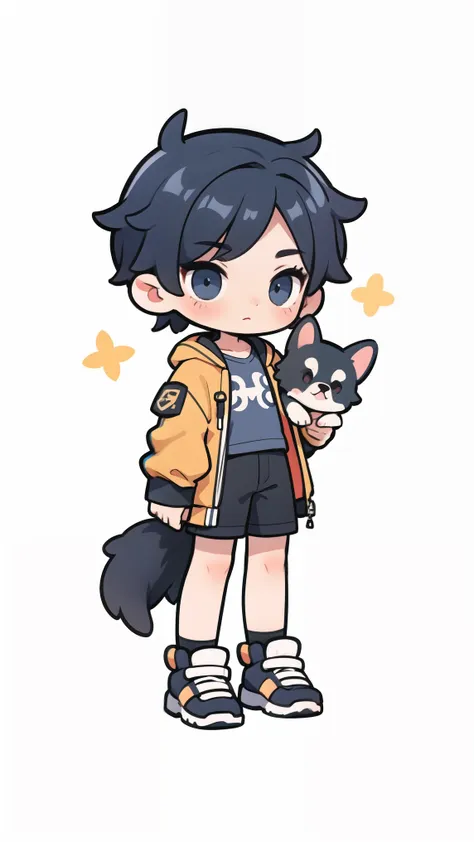 simple details,chibi,full body, a boy holding a dog in her hand