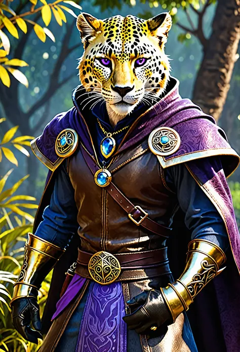 Physical Description:
Xelarion is an imposing figure, a unique blend of human and leopard. His face is covered in golden fur with dark spots, typical of a leopard, and his eyes are a deep blue, shining with ancient wisdom. His feline ears move constantly, ...