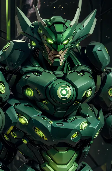 mecha, green lantern stel, huge hands, green mecha eyes, robotic, half body portrait, multiple arms, alien