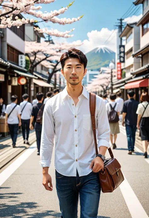 Photorealistic image of a Japanese man in his early 30s, with short black hair and wearing a casual white shirt and jeans, walking down a bustling street in Hiroshima. The background features iconic landmarks like the Atomic Bomb Dome and modern city eleme...