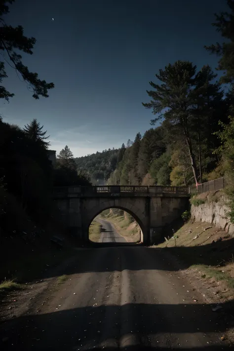 Dark and mysterious images of a forest and a bridge at night.