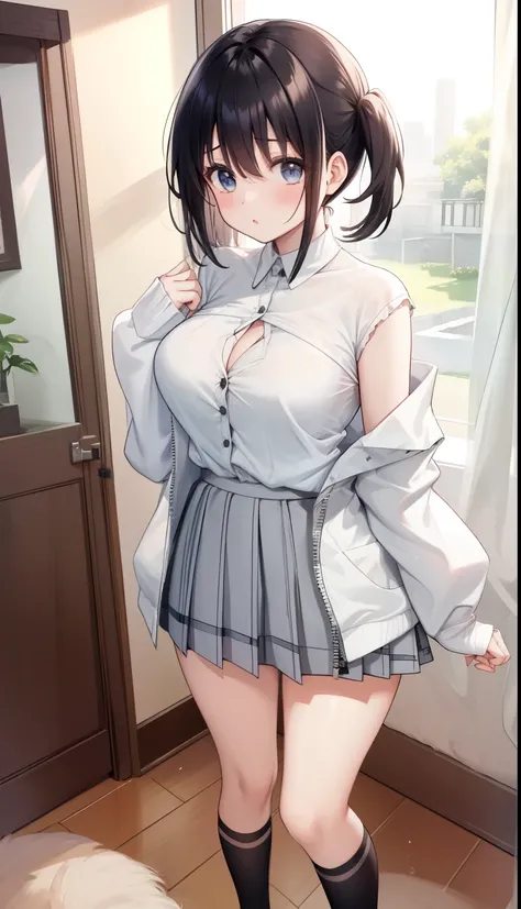 One Girl、positive、Standing posture、Full body portrait、Black Hair、Medium Haircut、blush、Absolute area、Black knee-high socks、Knee-length、stockings、White underwear、White hoodie、Checkered mini skirt、(Very large breasts)、Cleavage、((Lesbians around the world))、ma...