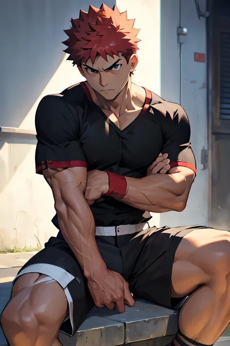 shirou is sitting and flexing his biceps. he wears black shorts. you can see his thighs. he looks stoic and serious. he has bulg...