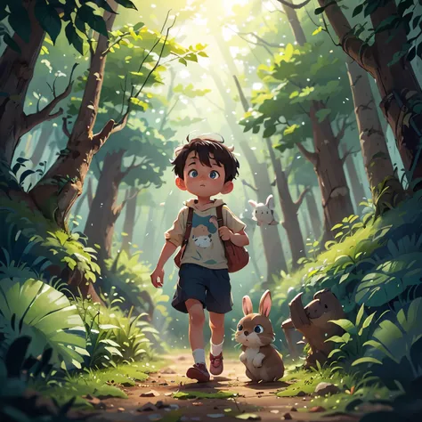 a blue eye，Little boy with dark brown short hair，Walking in the forest and meeting an injured bunny