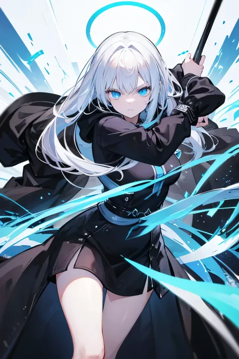 Her hair is long and white、The eyes are glowing blue。The character is in landscape orientation、Spells coming from his hands。The character is glaring at you while fighting the enemy.。male　The background is black。He is wearing a black hoodie。The body has bee...