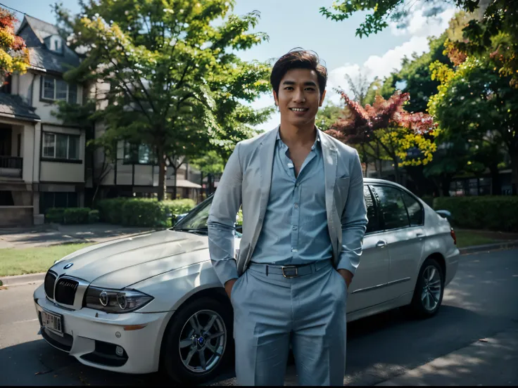 Photo texture created using KODAK ULTRAMAX 400 135mm color film negative and CANON A-1 traditional single-lens camera. Behind the man is a BMW530I((Light blue shirt. black trousers))((Head straight.The fortune teller is perpendicular to the ground.))(( big...