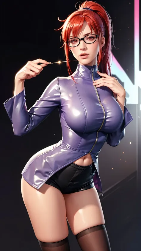 （（（完美figure，figure，solo， white and tender skin，（（（cyberpunk，purple jacket,long shirt，navel，black shorts，black thighhighs，zipper ...