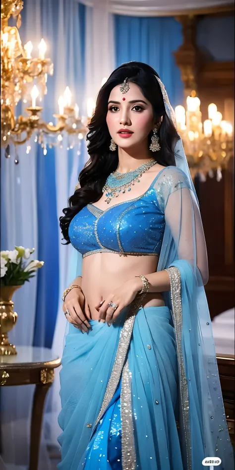 a close up of a sunny leone in a blue dress standing in front of a chandelier, intricate sparkling atmosphere, movie screen shot...