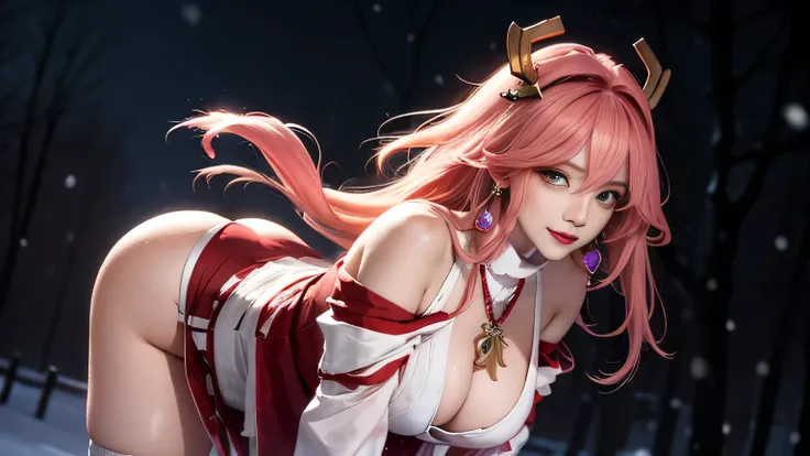 (masterpiece, Excellent, 1 Girl, Solitary, Intricate details, Chromatic Aberration), realism, ((Moderate breathing)), Off-shoulder, Large Breasts, Sexy, Yae Shrine Maiden, Long pink hair, Red headdress, Red Highlight, hair above one eye, Green Eyes, earrin...