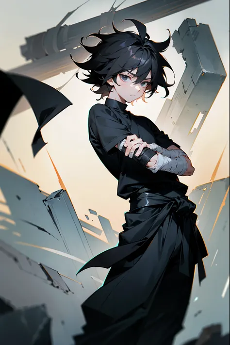 1male , Young Male , Messy Hair , Somber Expression, Black Eyes , Standing on rocky path , Hands in pockets , Wrapped Wrists , Short-Sleeve Black T-Shirt , Bandage Wrapped Right Arm , Masterpiece Quality , Perfect Generation , Black Hair , Ninja Clothing 