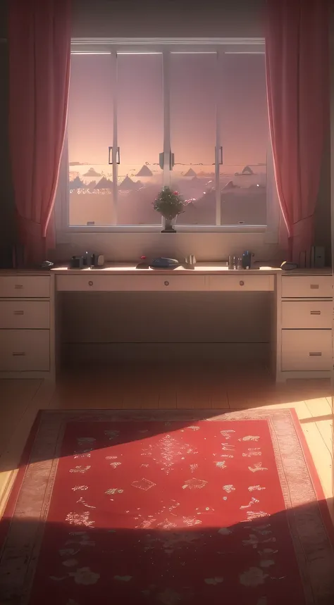 There is a red carpet on the floor in front of the window, Interior Background Art, beautiful 3 d concept art, Personal room background, Detailed cinematic rendering, concept art, Realistic rendering, Studio Ghibli bedroom, Very detailed scene, Scene Rende...