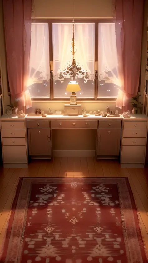 There is a red carpet on the floor in front of the window, Interior Background Art, beautiful 3 d concept art, Personal room background, Detailed cinematic rendering, concept art, Realistic rendering, Studio Ghibli bedroom, Very detailed scene, Scene Rende...