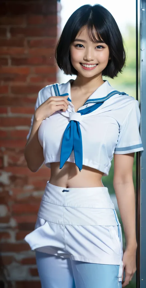 （8k、Raw photography、highest quality、masterpiece：1.2),(Black-haired、Very short hair:1.8),(ponytail:1.3)、View your audience,Viewed from the front,White skin,(high school girl、The upper body is a light blue uniform:1.7)、(Tight waist:1.6)、(Clothes that accentu...