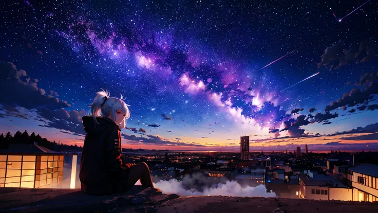 masterpiece, highest quality, Octane, null, star (null), scenery, starry null, night, night null, alone, Sitting, Outdoor, building, cloud, milky way, reflection, RTX, Cityscape, Techwear Jacket, avert your eyes, One girl, Red eyes, Striped white hair, mat...