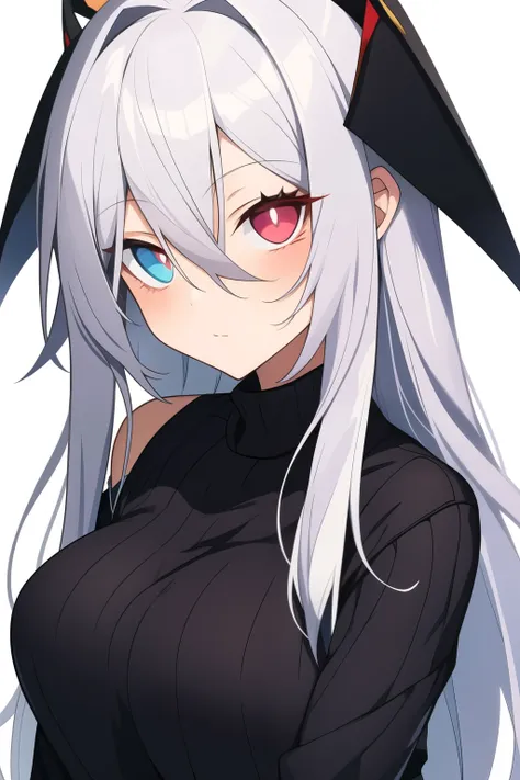 anime girl with long grey hair, heterochromatic eyes, with black sclera around the eyes