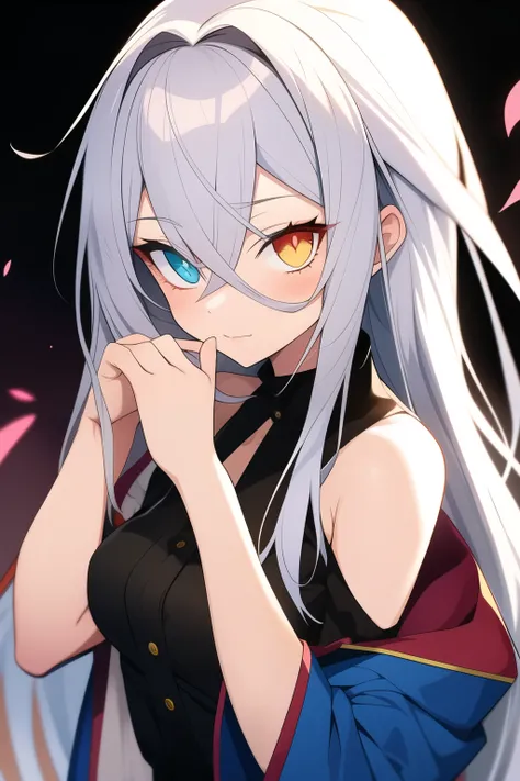 anime girl with long grey hair, heterochromatic eyes, and black sclera around the eyes