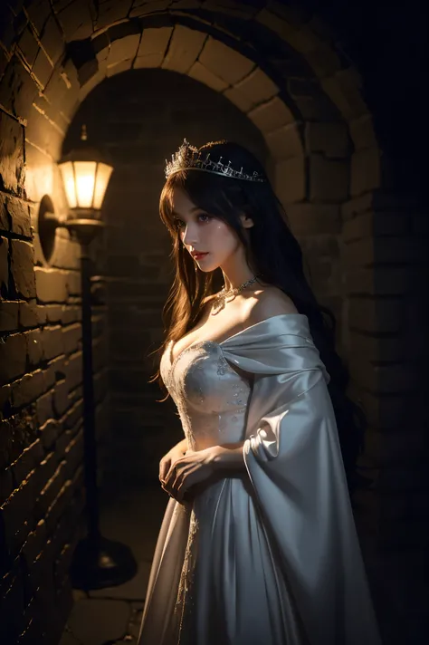 (highest quality、Tabletop、8k、Best image quality、Award-winning works)、The princess imprisoned in the dungeon、(The most luxurious and luxurious pure white princess dress:1.2)、(The most extravagant and luxurious giant tiara:1.1)、(The most extravagant and luxu...